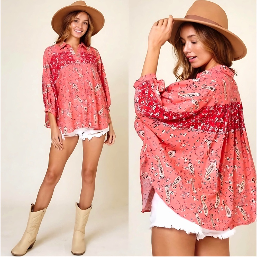 CES FEMME Paisley Collared Button Down Puff 3/4 Sleeve Oversized Blouse!